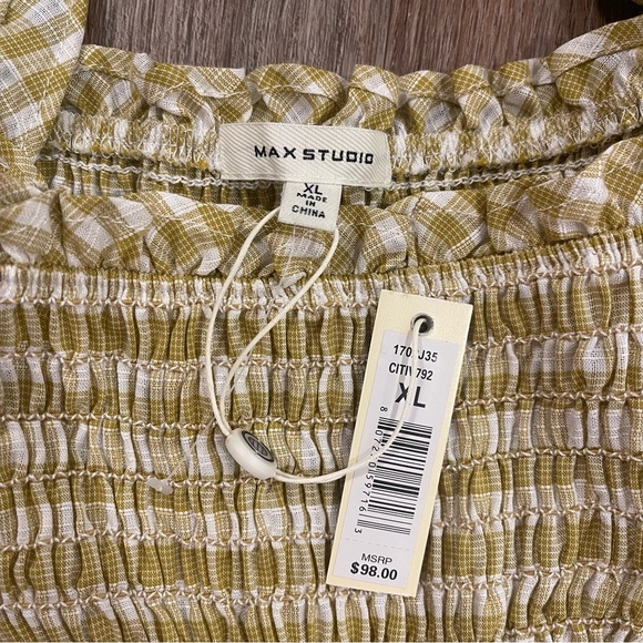 MAX STUDIO Top XL Smocked Yellow Gingham Plaid Puff Sleeve Ruffle Cottagecore - Picture 3 of 8